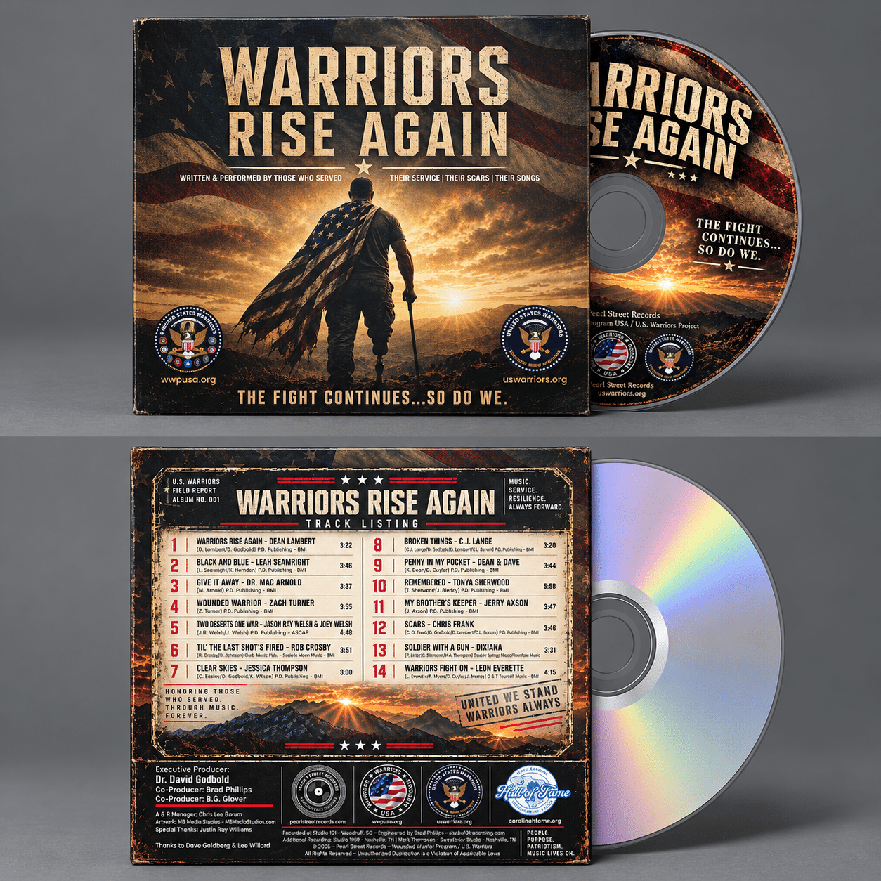 Front and back views of the “Warriors Rise Again” CD package shown on a gray studio background, with the front cover and printed disc at top and the track-listing back cover with a reflective disc at bottom
