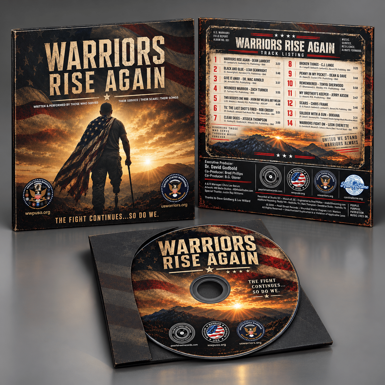 Studio product mockup of the “Warriors Rise Again” album in a cardboard sleeve, showing the front cover, back cover with track listing, and printed CD partially slid from a dark inner sleeve on a gray background.