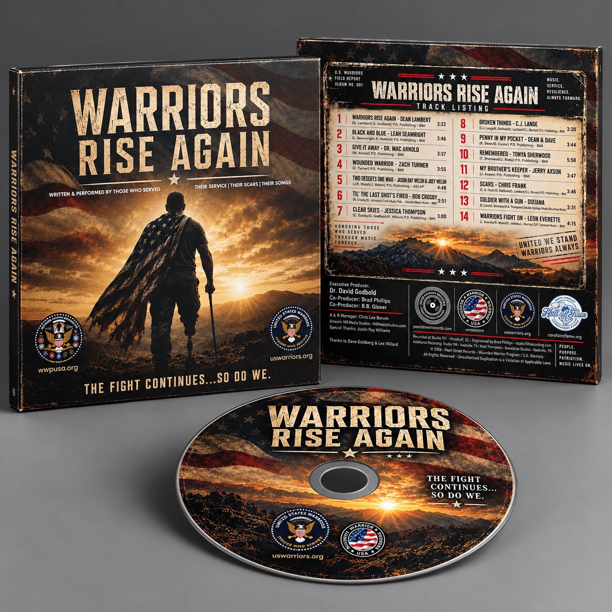 Clean product photo of the “Warriors Rise Again” cardboard CD sleeve package, with the front cover standing at left, the back cover with track listing at right, and the printed compact disc displayed in front on a gray studio surface